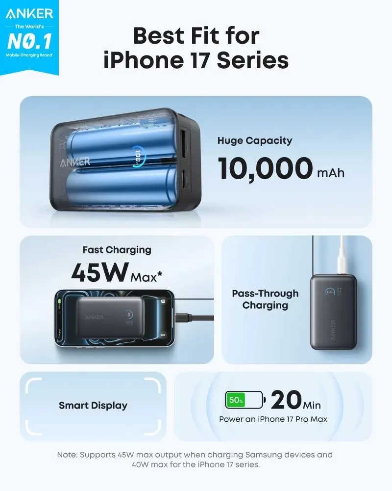 Anker Nano Powerbanka/10000mAh/ 45W/ integrovaný USB-C kabel/ černá