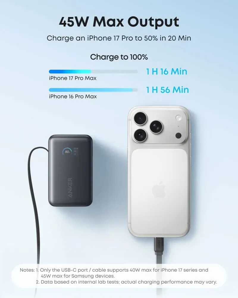 Anker Nano Powerbanka/10000mAh/ 45W/ integrovaný USB-C kabel/ černá