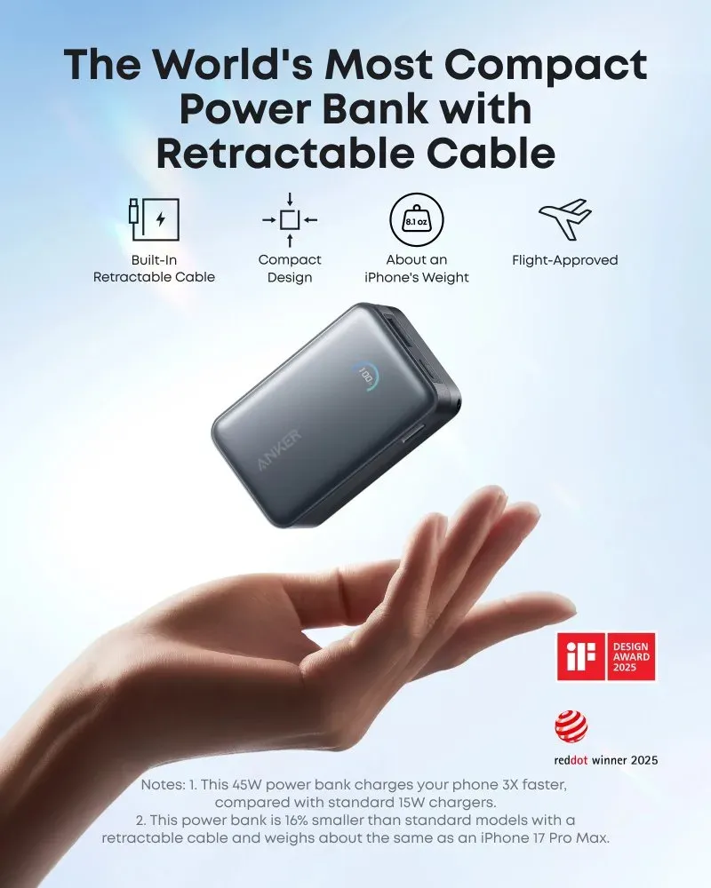 Anker Nano Powerbanka/10000mAh/ 45W/ integrovaný USB-C kabel/ černá