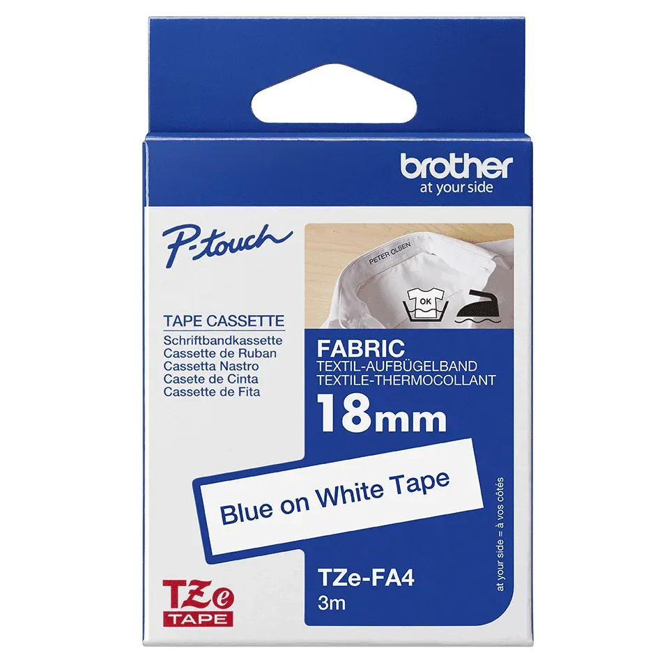 Brother - TZe-FA4, bílá / modrá (18mm, zažehlovací páska, 3m)