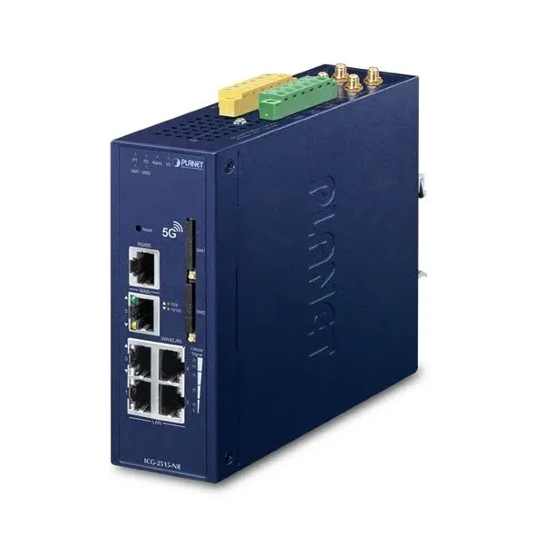 Planet dual 5G/LTE bezpečnostní brána, 2x WAN + 3x LAN, DI/DO, GPS, DIN, IP30, -40/+75°C, dual 9-54VDC