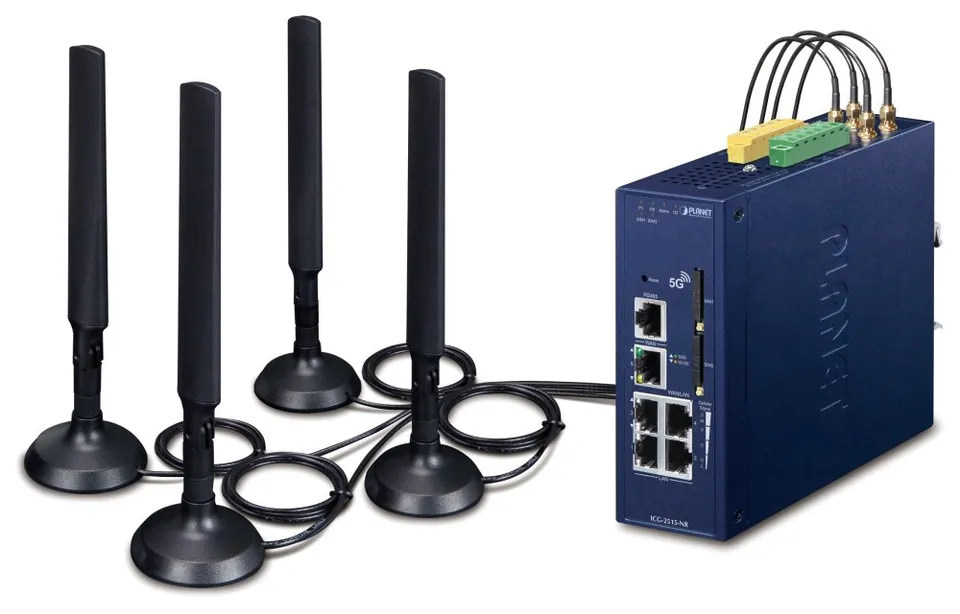 Planet dual 5G/LTE bezpečnostní brána, 2x WAN + 3x LAN, DI/DO, GPS, DIN, IP30, -40/+75°C, dual 9-54VDC