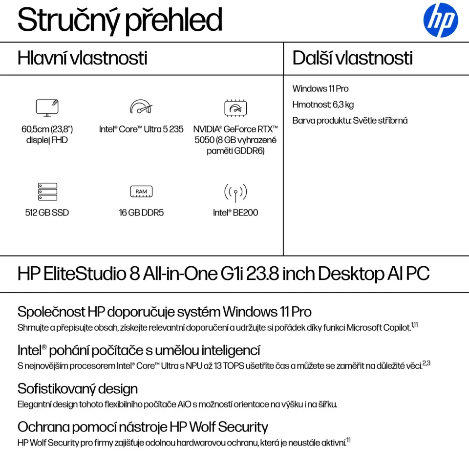 HP EliteStudio 8/G1i/23,8"/FHD/U5-235/16GB/512GB/Intel int/W11P/Stříbrná/3R