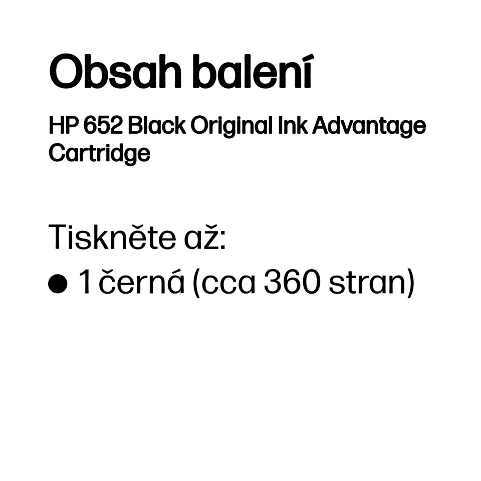 HP F6V25AE náplň č.652 černá cca360 stran (pro DJ Advantage 3835, 3775, 3785, 3635, 3636, 2135, 1115, 5075, 5275)