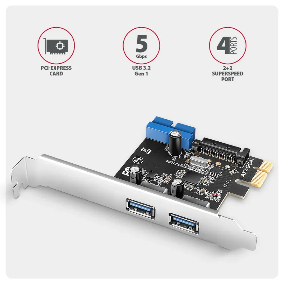 AXAGON PCEU-232RS, PCIe řadič, 2+2x USB 5Gbps port, SATA napájení, Renesas PD720