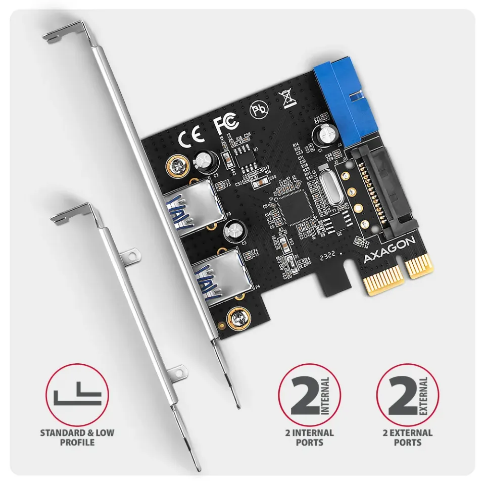 AXAGON PCEU-232RS, PCIe řadič, 2+2x USB 5Gbps port, SATA napájení, Renesas PD720