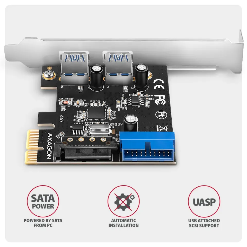 AXAGON PCEU-232RS, PCIe řadič, 2+2x USB 5Gbps port, SATA napájení, Renesas PD720