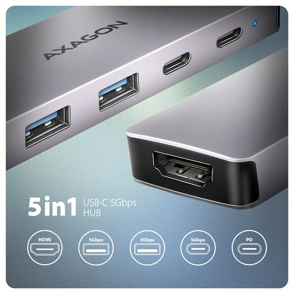 AXAGON HMC-5H60, USB 5Gbps hub, porty 2x USB-A, 1x USB-C, HDMI 4k/60, PD 100W, k
