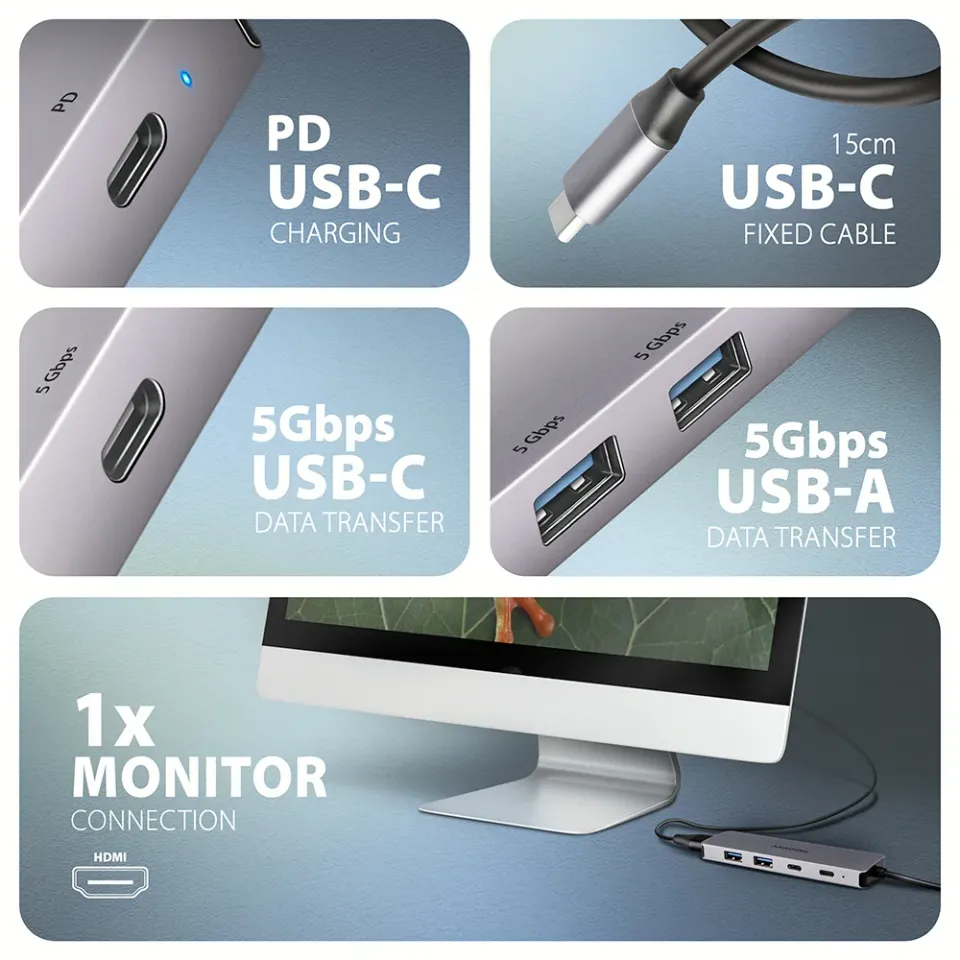 AXAGON HMC-5H60, USB 5Gbps hub, porty 2x USB-A, 1x USB-C, HDMI 4k/60, PD 100W, k