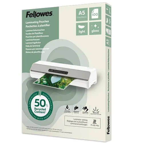 Laminovací fólie Fellowes A5 80 mic z recyklovaného materiálu (50%), lesklé