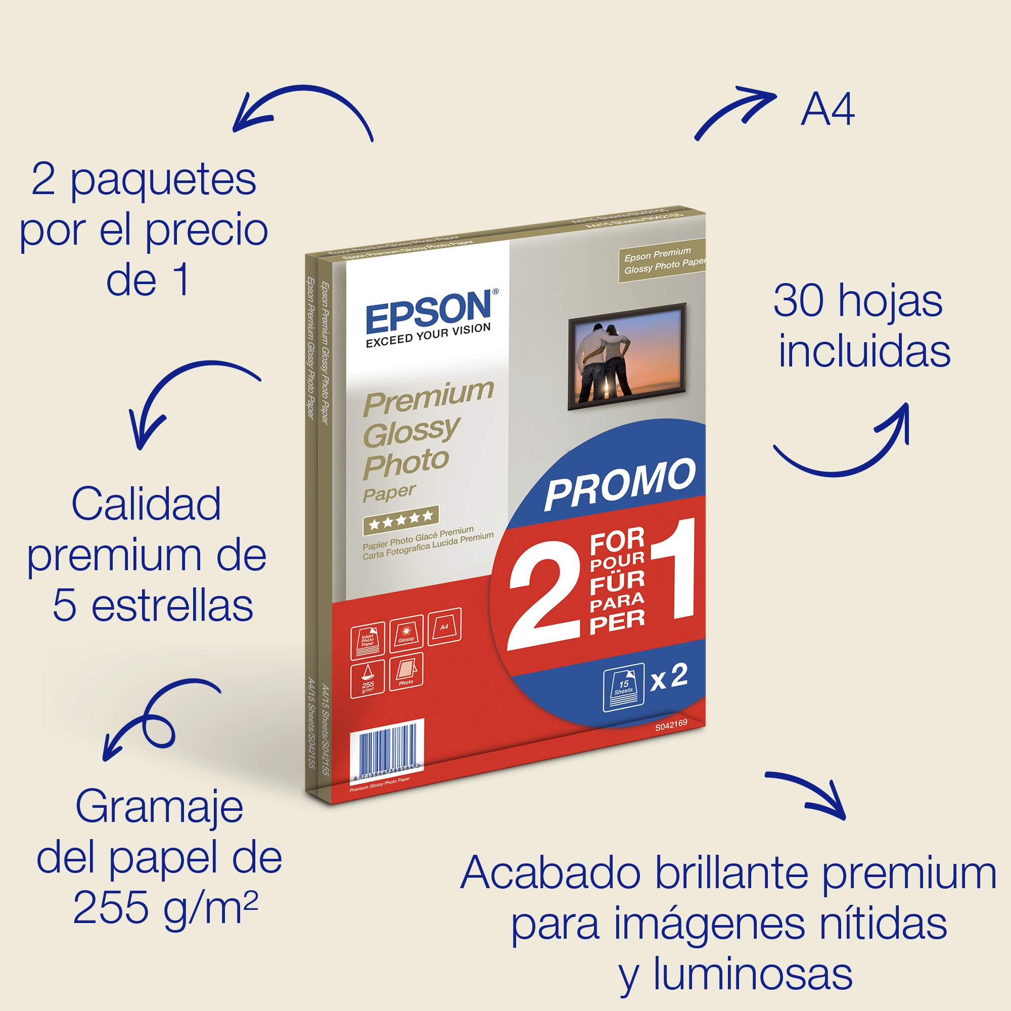 EPSON paper A4 - 255g/m2 - 2x15sheets - photo premium glossy (2 for 1 PROMO)