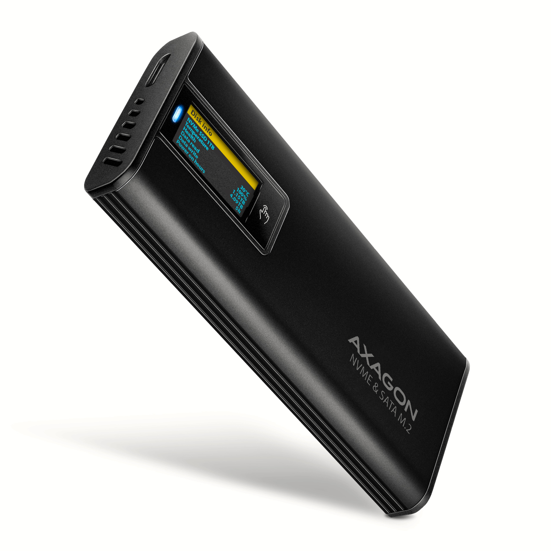 AXAGON EEM2-SD2B, USB-C 10Gbps externí box s displejem pro M.2 NVMe/SATA SSD, be