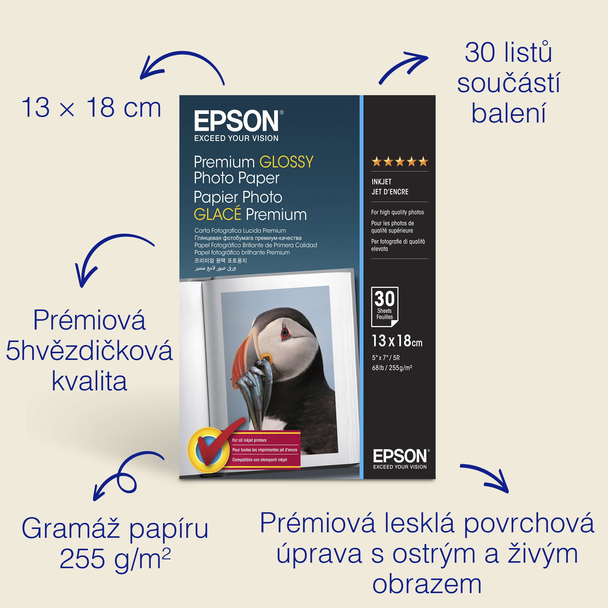 EPSON paper 13x18 - 255g/m2 - 30sheets - photo premium glossy