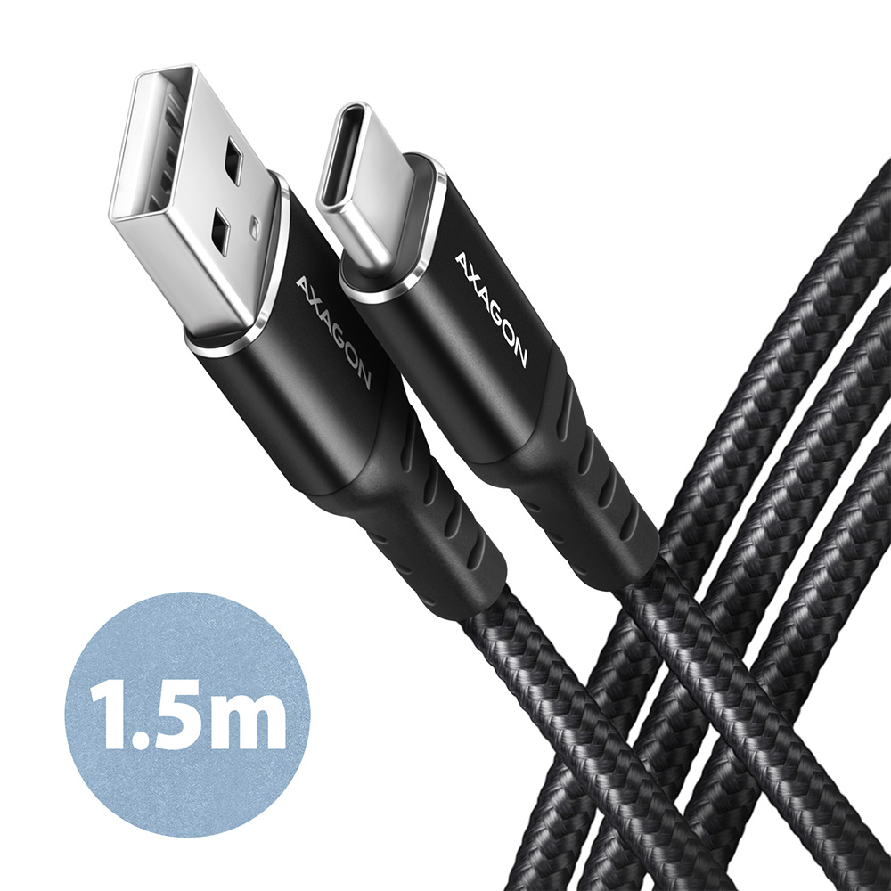 AXAGON BUCM-AM15AB, HQ kabel USB-C <-> USB-A, 1.5m, USB 2.0, 3A, ALU, oplet, čer