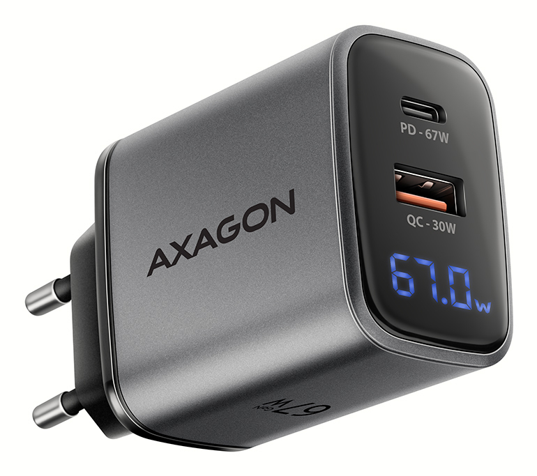 AXAGON ACU-PQ67D GaN nabíječka do sítě 67W, USB-A + USB-C, PD3.0/PPS/QC4+/SFC2.0