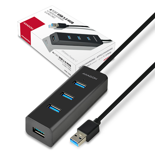 AXAGON HUE-S2BL, 4x USB3.0 CHARGING hub 1.2m kabel, micro USB nap. konektor
