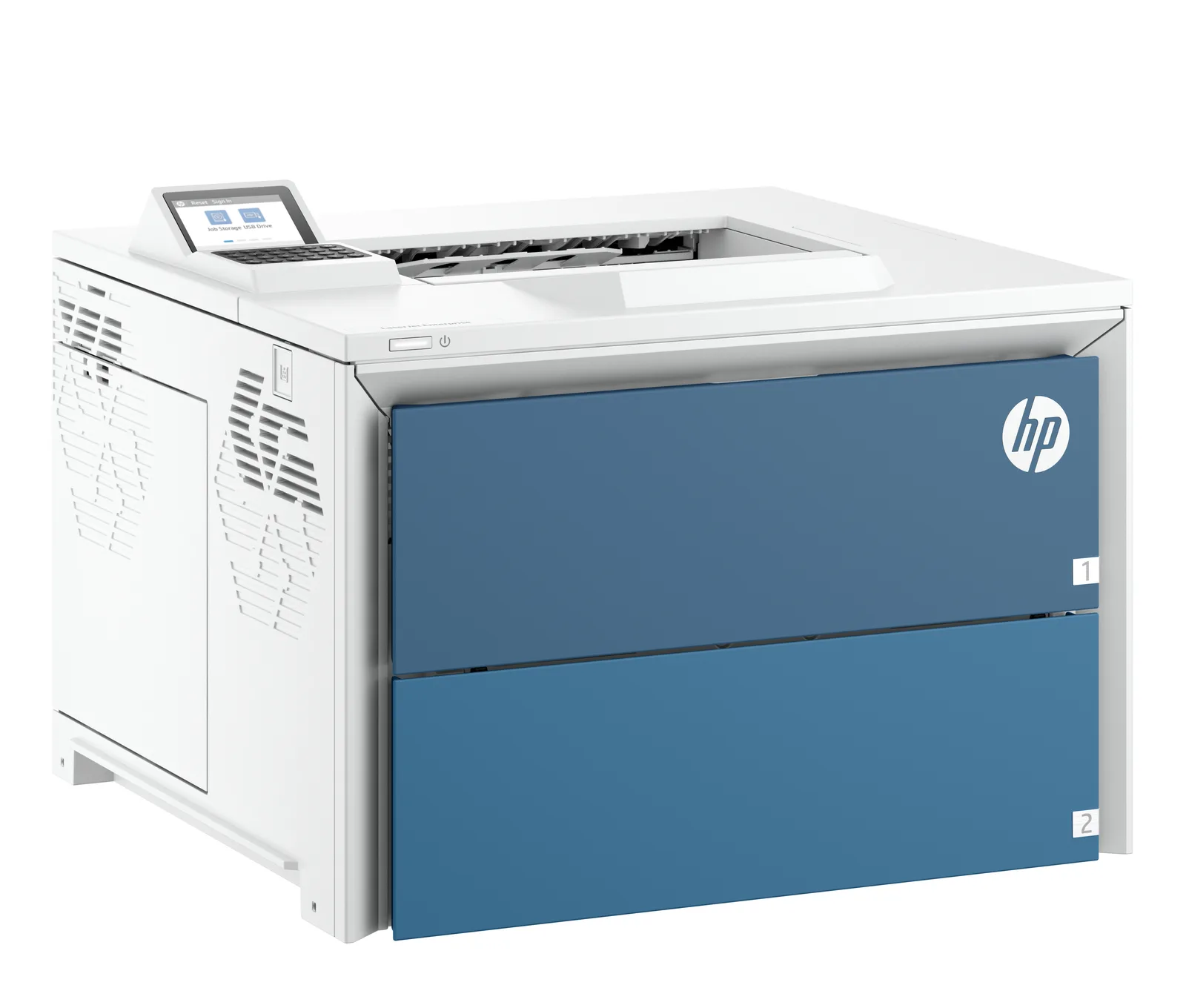 HP LaserJet Enterprise 5501dn – ovládací panel s displejem a klávesnicí, čelní zásobníky papíru