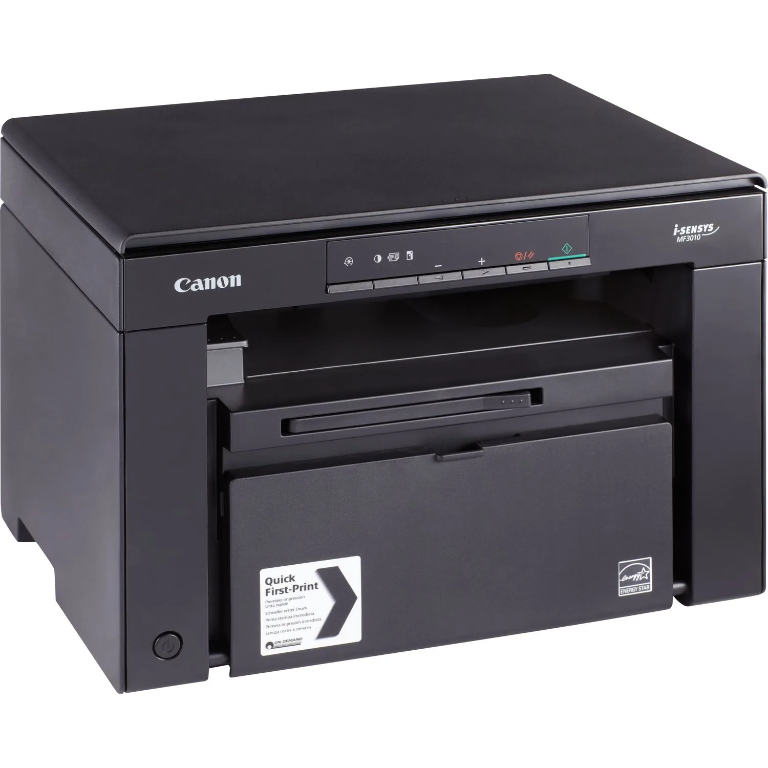 Canon i-SENSYS MF3010 – plochý skener nahoře, ovládací panel a zásobník papíru vpředu
