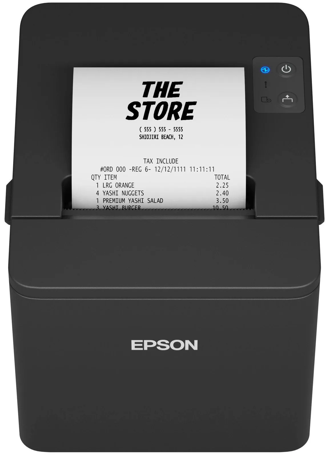 Epson TM-T20IV v černém provedení – výstup účtenky nahoře, tlačítka napájení a posunu papíru vpravo